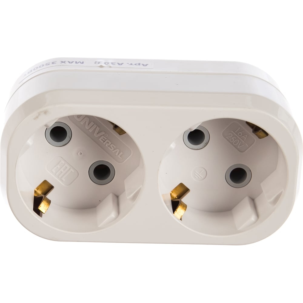 Разветвлитель 2гн. с/з плоский белый 16А 250В (уп50шт) А302