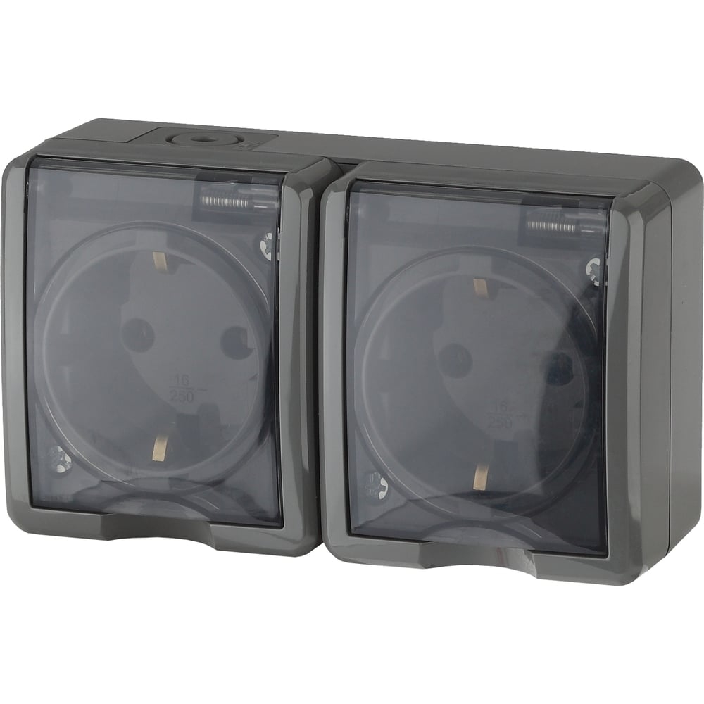 11-2403-03 ЭРА Розетка 2х2Р+Е IP54, 16АХ-250В, ОУ, Эра Эксперт, серый