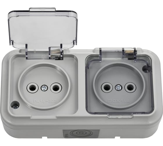 РА16-302 Пралеска Розетка 2-я б/з с крышкой IP54 серый о/у