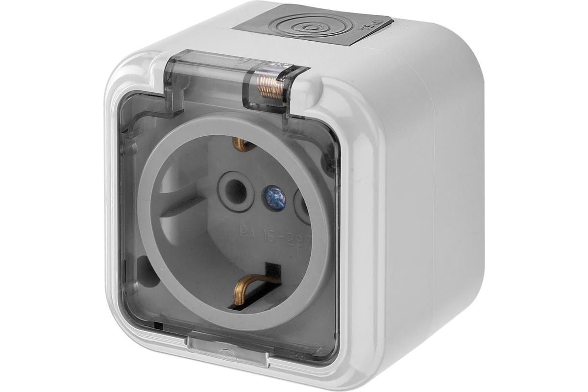 Розетка А16-297 (02) светло-сер. ОП одноместная с/зпрозрач.крышка IP54 "Пралеска Аква"