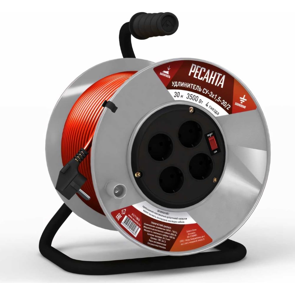 Удлинитель силовой на катушке СУ-3х1,5-30/2 (с выкл.4 розетки) Ресанта 61/118/6