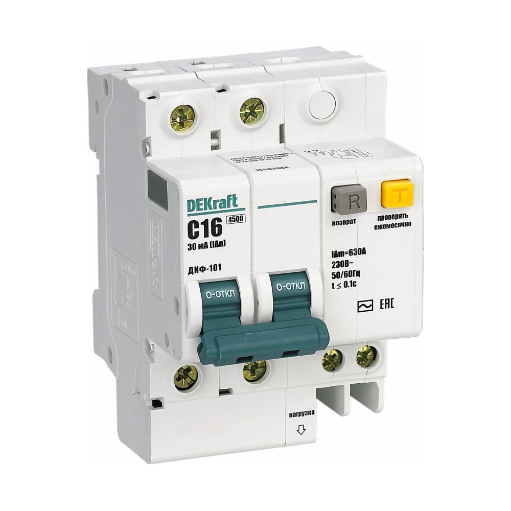 АВДТ 2п 16А 30мА тип АС 4.5кА ДИФ-101 15003DEK DEKraft